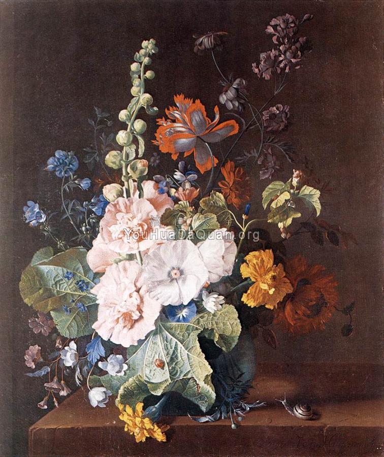Hollyhocks and Other Flowers in a Vase - 让·范·惠桑